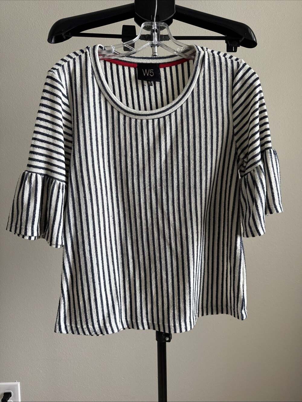 W5 Womens Navy White Striped Bell Sleeve Knit Top Scoop Neck Size M Made in USA